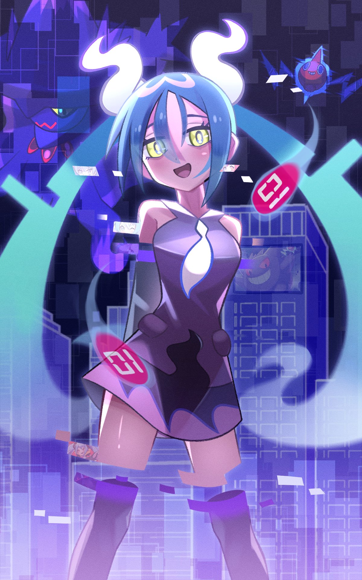 1girl arms_behind_back black_thighhighs gengar ghost_miku_(project_voltage) glitch grey_shirt hair_between_eyes hatsune_miku highres inana_umi long_hair looking_at_viewer mismagius necktie open_mouth pokemon pokemon_(creature) project_voltage rotom shirt skirt thigh-highs translucent_hair twintails very_long_hair vocaloid will-o'-the-wisp_(mythology) yellow_eyes