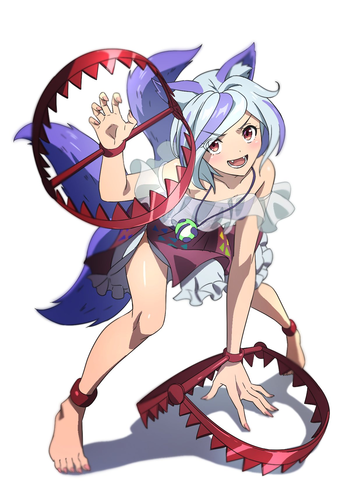 1girl animal_ears barefoot claw_pose dog_ears dog_girl dog_tail extra_tails fang foothold_trap full_body gyouza_(mhea5724) highres jewelry looking_at_viewer mitsugashira_enoko multicolored_hair multiple_tails necklace open_mouth pink_skirt purple_shirt rainbow_print red_eyes shirt skirt solo streaked_hair tail touhou two-tone_hair white_background