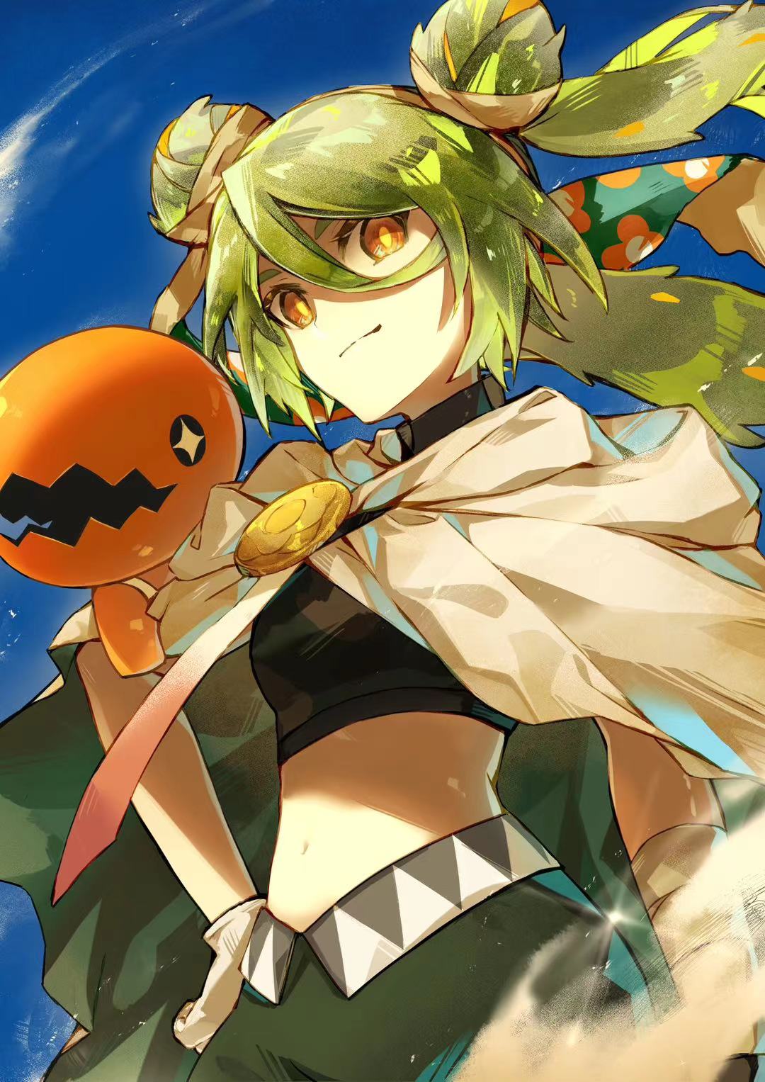 1girl bandaged_arm bandages blue_sky cape crop_top double_bun green_hair ground_miku_(project_voltage) hair_between_eyes hair_bun hand_on_own_hip hatsune_miku highres looking_at_viewer looking_down midriff orange_eyes pokemon pokemon_(creature) project_voltage sand sky smile trapinch twintails vocaloid yohki