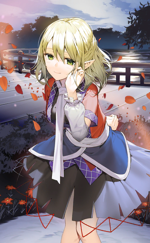 1girl arm_behind_back ascot black_shirt black_skirt blonde_hair blue_sky bridge brown_jacket bush closed_mouth clothes_lift clouds flower frilled_arm_wamers frills game_cg green_eyes hand_in_own_hair jacket kitada_mo miniskirt mizuhashi_parsee official_art open_clothes open_jacket outdoors petals pointy_ears purple_trim red_flower red_ribbon ribbon sash shirt short_hair short_sleeves skirt skirt_lift skirt_set sky smile solo sunlight touhou touhou_cannonball tree white_arm_warmers white_ascot white_sash