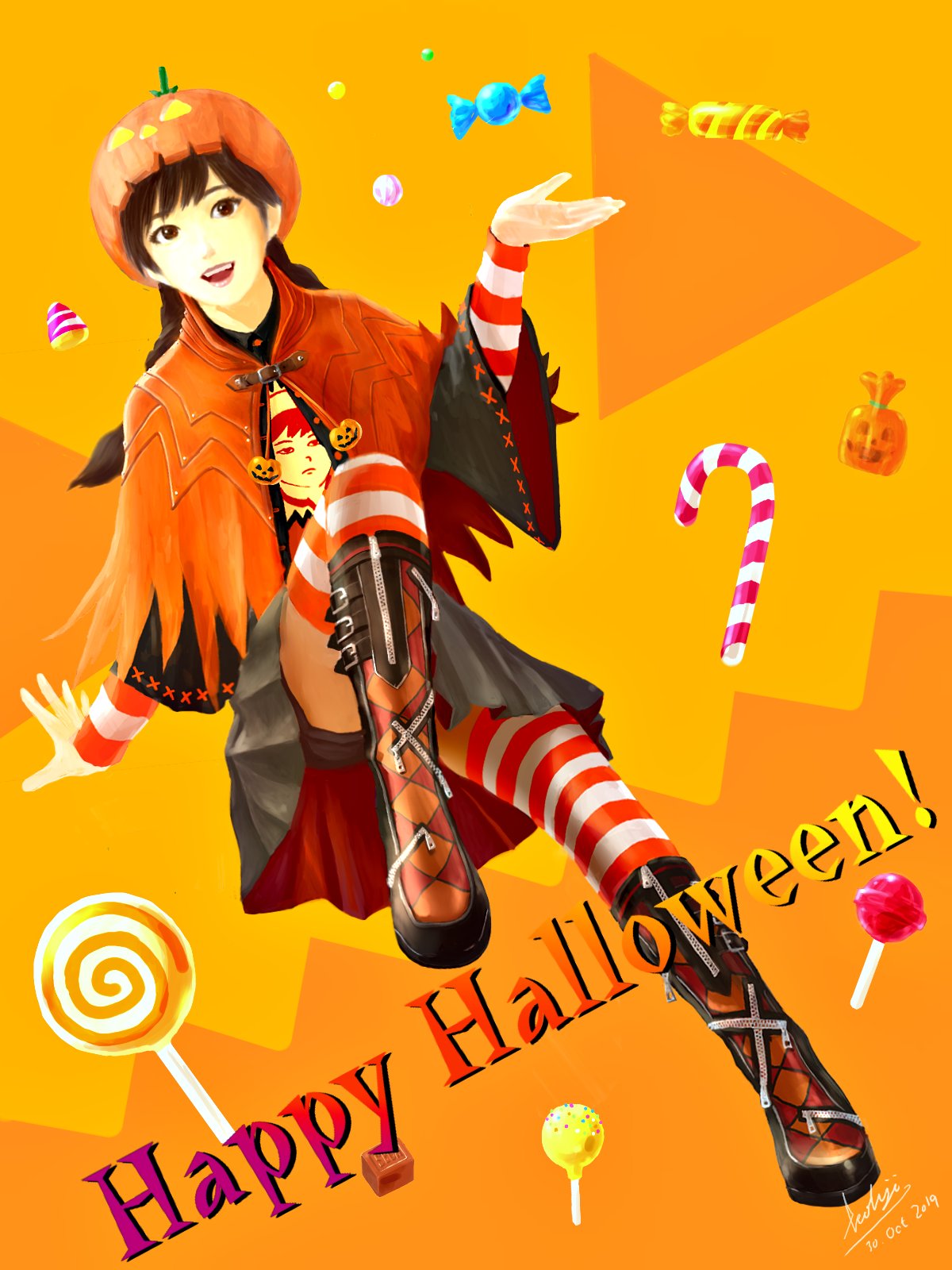 1girl arm_support black_skirt boots braid brown_eyes buckle candy candy_cane candy_wrapper capelet dated food frown game_console grin happy_halloween highres knee_up kohji leaning_back ling_shen_hua lollipop looking_at_viewer open_hand open_mouth orange_background orange_capelet patterned_background print_shirt pumpkin pumpkin_hat sega_dreamcast shenmue shenmue_iii shirt signature skirt smile solo striped striped_sleeves striped_thighhighs swept_bangs swirl_lollipop thigh-highs thighhighs_under_boots thighs triangle twin_braids two-tone_background wide_sleeves zipper