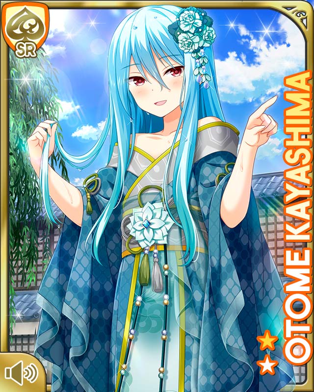 1girl blue_hair card character_name cosplay day flower girlfriend_(kari) green_kimono hair_flower hair_ornament japanese_clothes kayashima_otome kimono long_hair official_art open_mouth outdoors pointing qp:flapper red_eyes standing tagme traditional_youkai very_long_hair