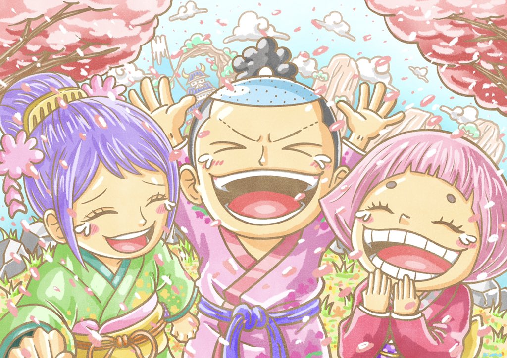 1boy 2girls black_hair blunt_bangs child closed_eyes clouds cloudy_sky hair_bun happy_tears high_ponytail japanese_clothes kumo_d7 momonosuke_(one_piece) multiple_girls one_piece open_mouth outdoors pink_hair ponytail purple_hair short_hair single_hair_bun sky smile tama_(one_piece) tears teeth toko_(one_piece) traditional_clothes
