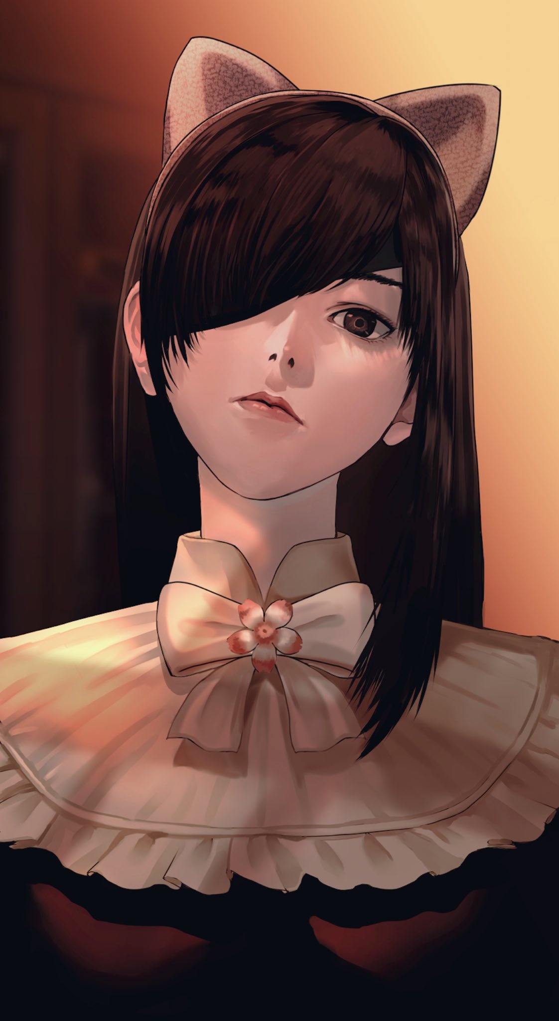 1girl animal_ears brown_eyes brown_hair cat_ears character_request closed_mouth derivative_work fake_animal_ears fatal_frame fatal_frame_5 gauss_&lt;bokashi hair_over_one_eye highres lips long_hair looking_at_viewer solo
