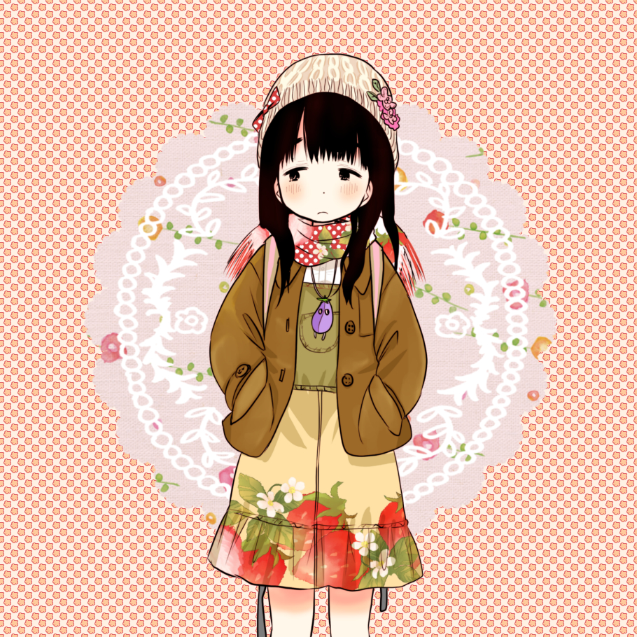 1girl anneko_anko black_eyes black_hair blush bow brown_jacket food_print hands_in_pockets hat hat_bow hat_ornament jacket jewelry medium_hair necklace original print_scarf scarf solo standing strawberry_print