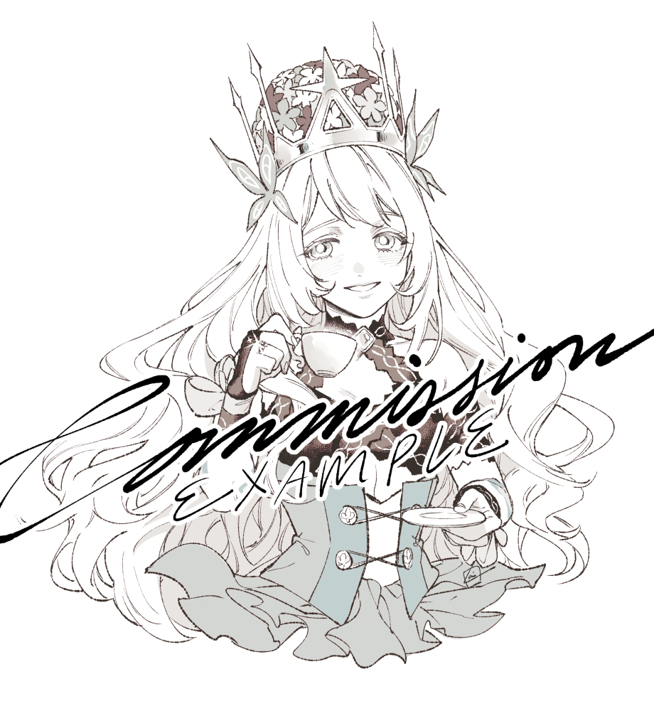1girl bare_shoulders bridal_gauntlets butterfly_hair_ornament celine_(fire_emblem) commission crown cup dress fire_emblem fire_emblem_engage flower hair_flower hair_ornament holding holding_cup holding_plate krazehkai long_hair looking_at_viewer monochrome plate smile solo teacup upper_body very_long_hair white_background