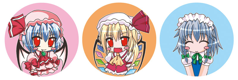 3girls ascot bat_wings blonde_hair blue_hair blue_vest blush_stickers braid chibi closed_eyes closed_mouth collared_shirt fang fang_out flandre_scarlet frilled_shirt_collar frills green_brooch green_ribbon happy hat izayoi_sakuya looking_at_viewer maid maid_headdress medium_hair mikami_hokuto mob_cap multicolored_wings multiple_girls neck_ribbon open_mouth pink_headwear pink_shirt puffy_short_sleeves puffy_sleeves red_ascot red_eyes red_ribbon red_vest remilia_scarlet ribbon shirt short_sleeves sleeve_ribbon touhou twin_braids upper_body v_arms vest white_headwear white_shirt wings yellow_ascot