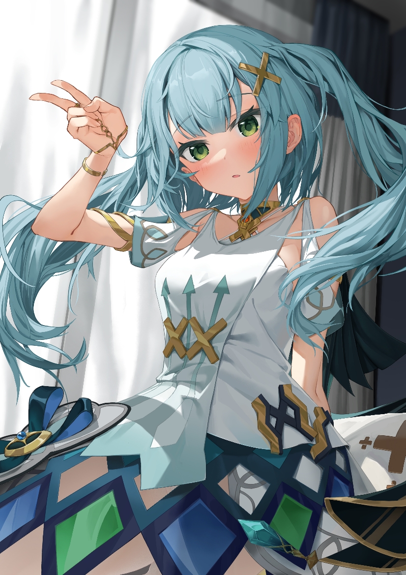 1girl aqua_hair arm_up arrow_print blush clothing_cutout commentary_request dress faruzan_(genshin_impact) genshin_impact green_eyes hair_ornament indoors jewelry kneeling layered_dress long_hair looking_at_viewer neck_ring open_mouth shoulder_cutout skirt_cutout sleeveless sleeveless_dress solo tsurime twintails user_dydg2722 v white_dress wristlet x_hair_ornament