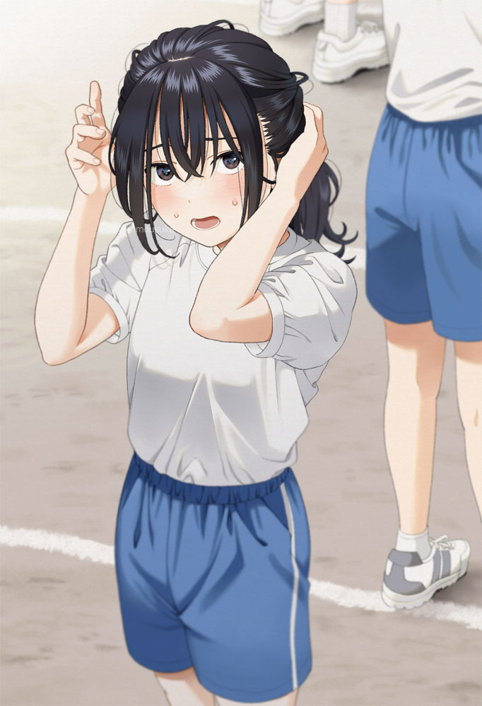 1girl 2others arms_up black_hair blue_shorts blurry blush breasts brown_eyes day depth_of_field feet_out_of_frame fingernails gym_shirt gym_shorts gym_uniform hair_between_eyes hair_tucking looking_at_viewer lower_body mattaku_mousuke multiple_others open_mouth original out_of_frame outdoors puffy_short_sleeves puffy_sleeves sanpaku shirt shirt_tucked_in shoes short_sleeves shorts single_stripe socks solo_focus standing sweat twitter_username watermark white_footwear white_shirt white_socks white_stripes