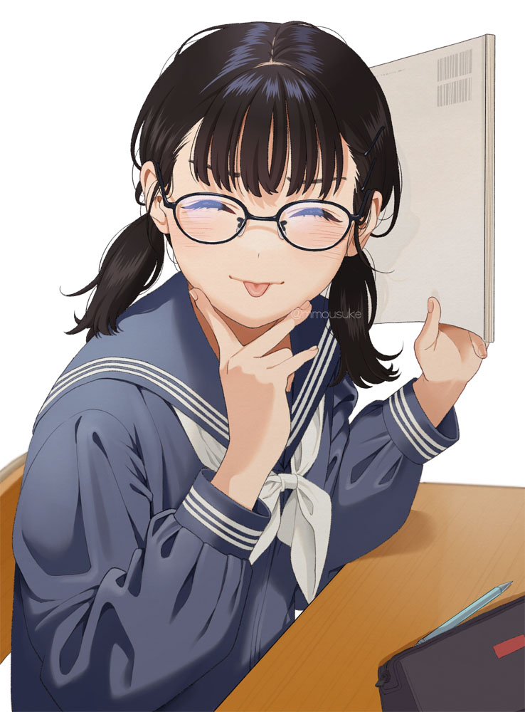 1girl :p ^_^ black-framed_eyewear black_hair blue_sailor_collar blue_shirt blush chair closed_eyes closed_mouth commentary_request desk facing_viewer glasses grey_serafuku hands_up holding long_sleeves low_twintails mattaku_mousuke neckerchief on_chair original pencil pencil_case puffy_long_sleeves puffy_sleeves sailor_collar school_chair school_desk school_uniform serafuku shirt short_twintails simple_background sitting smile solo tongue tongue_out twintails twitter_username v v_over_mouth watermark white_background white_neckerchief