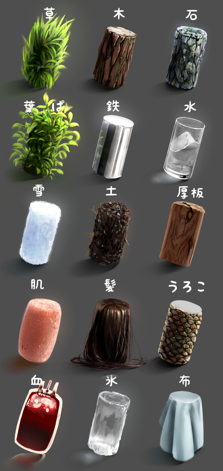 blood blood_bag brown_hair commentary_request cup cylinder drinking_glass grass grey_background highres ice kuro_kosyou log no_humans original plant reflection shadow simple_background stone_pillar translation_request water