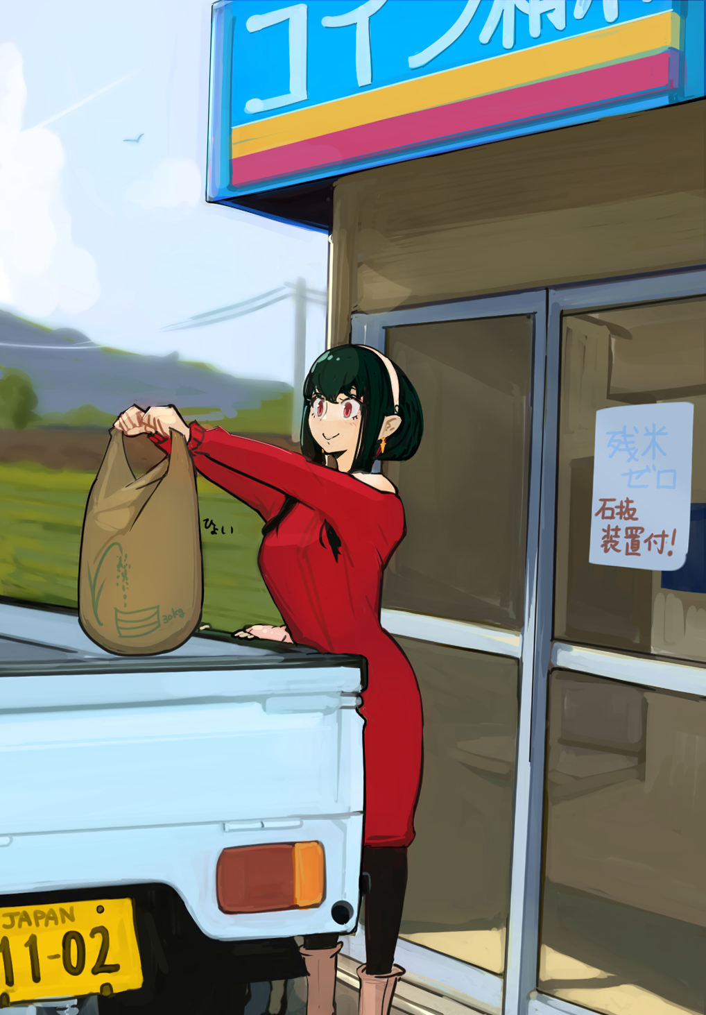 1girl bag black_hair black_pantyhose closed_mouth day hairband higemu highres long_hair motor_vehicle outdoors pantyhose pickup_truck power_lines red_eyes red_sweater shop shopping_bag smile solo spy_x_family sweater truck utility_pole white_hairband yor_briar