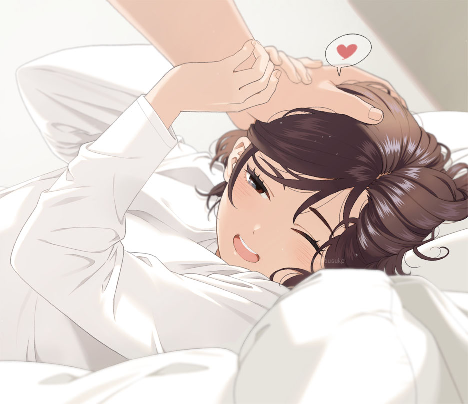 1boy 1girl ;d blush brown_eyes brown_hair commentary_request happy headpat heart hetero holding_another's_wrist indoors long_sleeves lying mattaku_mousuke on_back one_eye_closed original out_of_frame pillow shirt smile solo_focus spoken_heart twitter_username watermark white_shirt