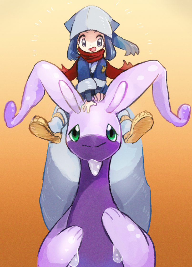 akari_(pokemon) colored_skin commentary_request galaxy_expedition_team_survey_corps_uniform gradient_background green_eyes hisuian_goodra mikeli_li_(artist) open_mouth orange_background pokemon pokemon_(creature) pokemon_(game) pokemon_legends:_arceus purple_skin red_scarf riding riding_pokemon scarf slime_(substance) smile yellow_background
