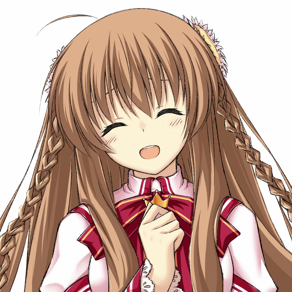 1girl ^_^ ahoge asagi_nanami blush braid brown_hair clenched_hand close-up closed_eyes commentary crown eyebrows_hidden_by_hair eyelashes facing_viewer frilled_sleeves frills furrowed_brow hair_between_eyes hand_up head_tilt juliet_sleeves kanbe_kotori kazamatsuri_institute_high_school_uniform long_hair long_sleeves mini_crown neck_ribbon open_mouth puffy_sleeves red_ribbon rewrite ribbon school_uniform sidelocks simple_background smile solo teeth twin_braids upper_teeth_only white_background wide_sleeves