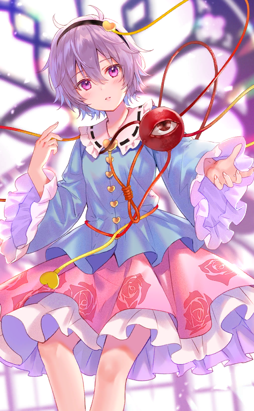 1girl black_hairband blue_shirt buttons collar collared_shirt fingernails floral_print frilled_shirt_collar frilled_skirt frilled_sleeves frills fukahire_(ruinon) game_cg hair_ornament hairband heart heart_button heart_hair_ornament heart_of_string indoors komeiji_satori light_blush long_sleeves looking_at_viewer miniskirt official_art outstretched_arm parted_lips pink_eyes pink_hair pink_skirt ribbon-trimmed_collar ribbon_trim rose_print shirt short_hair skirt solo stained_glass third_eye touhou touhou_cannonball white_collar wide_sleeves