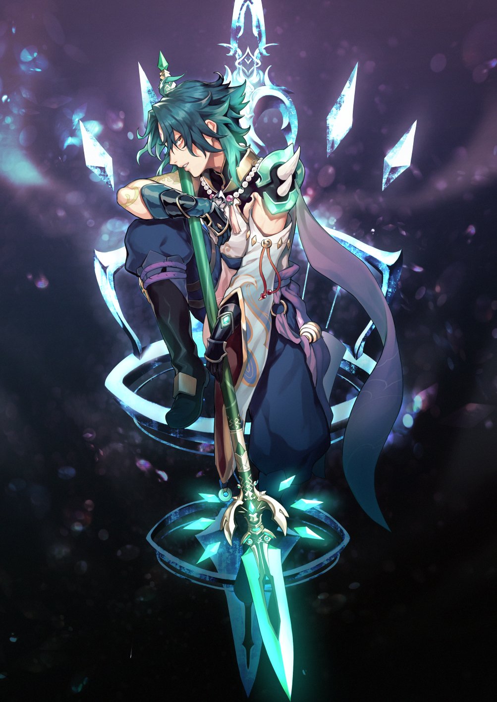 1boy arm_tattoo bead_necklace beads black_hair facial_mark forehead_mark genshin_impact gloves green_hair highres holding holding_polearm holding_weapon jewelry male_focus multicolored_hair necklace polearm primordial_jade_winged-spear_(genshin_impact) profile simple_background sitting solo spear spikes tassel tattoo tkhs vision_(genshin_impact) weapon xiao_(genshin_impact) yellow_eyes