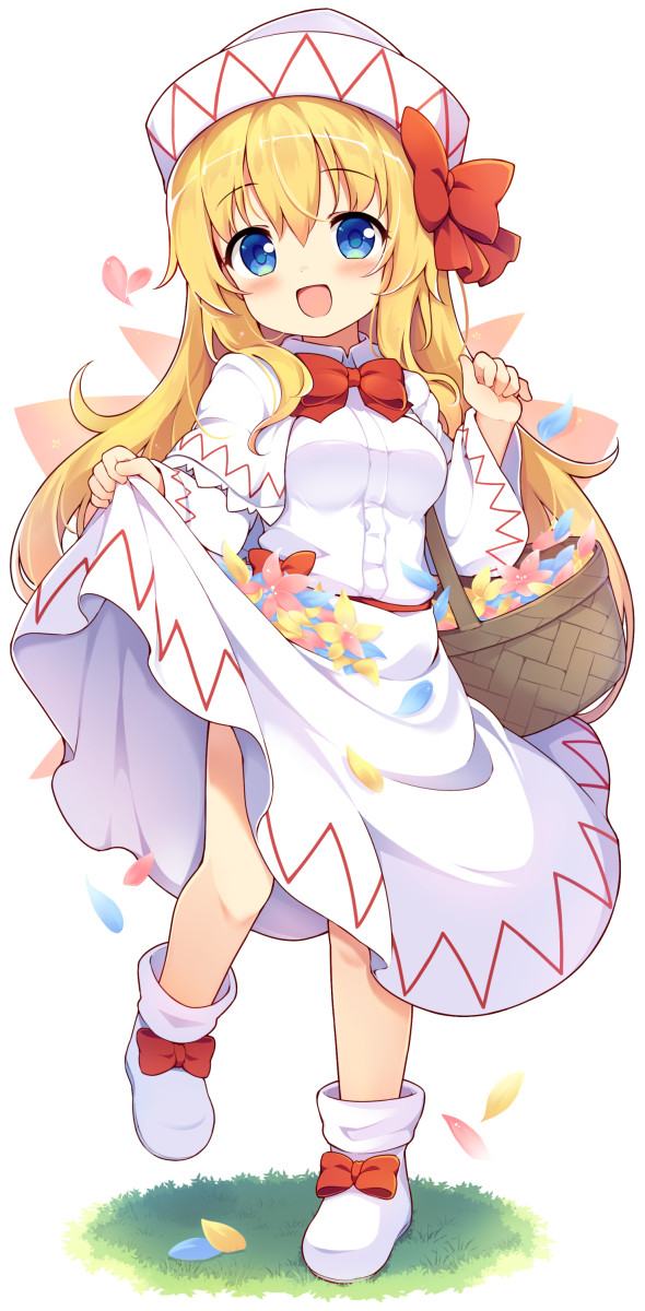 1girl baku-p basket blonde_hair blue_eyes blush capelet dress fairy fairy_wings full_body hair_between_eyes hat highres holding holding_basket lily_white long_hair long_sleeves looking_at_viewer open_mouth shoes simple_background smile solo touhou white_background white_capelet white_dress white_footwear white_headwear wide_sleeves wings