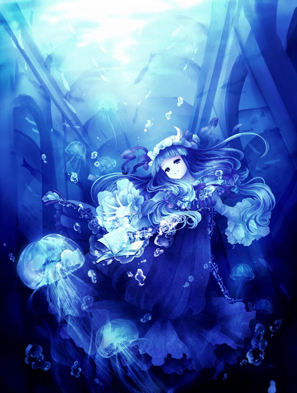 1girl blue_theme book bow bowtie bracelet bubble bun_cover closed_mouth commentary_request crescent crescent_hat_ornament double_bun dress eyelashes floating_hair frilled_dress frilled_hat frilled_sleeves frills hair_bun half-closed_eyes hanada_hyou hat hat_bow hat_ornament highres indoors jellyfish jewelry library long_dress long_hair long_sleeves mob_cap open_book outstretched_arm patchouli_knowledge pearl_bracelet robe smile solo striped striped_dress telekinesis touhou turning_page underwater vertical-striped_dress vertical_stripes very_long_hair
