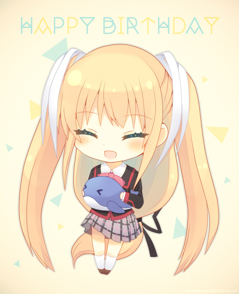 &gt;_&lt; 1girl :d ^_^ aiyan black_ribbon blonde_hair blush chibi closed_eyes commentary_request confetti eyelashes facing_viewer grey_skirt hair_between_eyes hair_ribbon happy happy_birthday holding holding_stuffed_toy little_busters! little_busters!_school_uniform long_hair low-tied_long_hair miniskirt open_mouth plaid plaid_skirt pleated_skirt ribbon school_uniform simple_background skirt smile socks solo standing straight_hair stuffed_animal stuffed_dolphin stuffed_toy tokido_saya two_side_up very_long_hair white_ribbon white_socks yellow_background