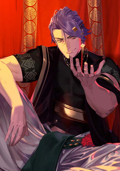 1boy beard duryodhana_(fate) earrings facial_hair fate/grand_order fate_(series) jewelry looking_at_viewer muscular official_art pako_(pakosun) purple_hair red_background smile
