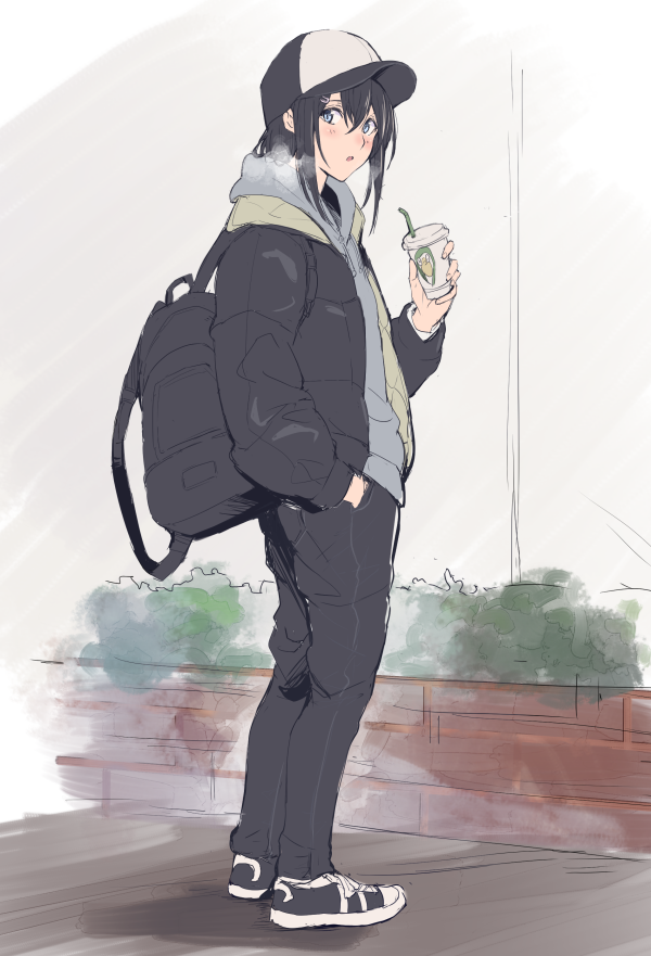 1girl :o backpack bag bang_dream! baseball_cap black_bag black_footwear black_hair black_headwear black_jacket black_pants blue_eyes blush breath commentary_request cup full_body grey_hoodie hair_between_eyes hair_ornament hairclip hand_in_pocket hat holding holding_cup hood hoodie jacket long_sleeves looking_at_viewer looking_back okusawa_misaki open_clothes open_jacket open_mouth outdoors pants sen'yuu_yuuji sidelocks solo standing two-tone_headwear white_headwear