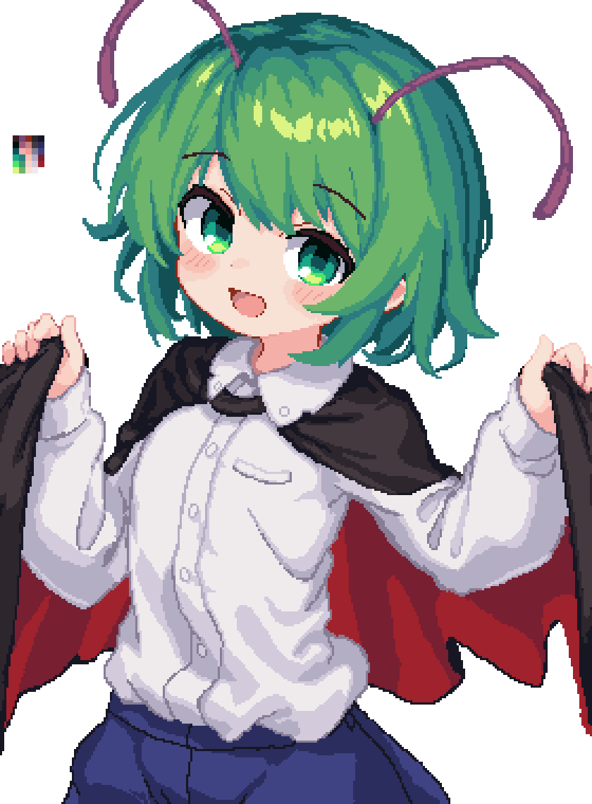 1girl 999_(hansode) antennae blush cloak collared_shirt commentary green_eyes green_hair looking_at_viewer open_mouth pixel_art shirt short_hair simple_background solo touhou upper_body white_background white_shirt wriggle_nightbug