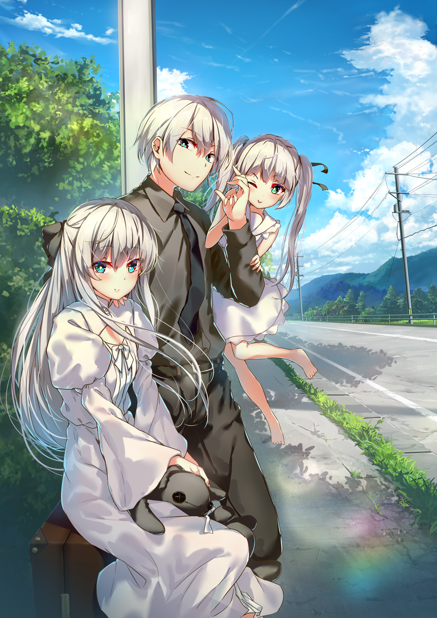 1boy 2girls aqua_eyes black_necktie black_pants black_shirt blue_sky bush child closed_mouth clouds collared_shirt day dress dress_shirt english_commentary family floating_hair grass grey_hair hair_ribbon highres kasugano_haruka kasugano_sora lens_flare long_hair long_sleeves looking_at_viewer multiple_girls necktie one_eye_closed outdoors pants parent_and_child power_lines railing ribbon road shirt sitting sky sleeveless sleeveless_dress smile standing stuffed_animal stuffed_rabbit stuffed_toy suitcase tree twintails vanishing_point white_dress wide_sleeves wingheart yosuga_no_sora