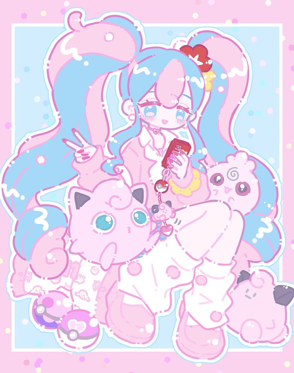 1girl :d aiaia_(aiaaaa) blue_eyes blue_hair blush cellphone charm_(object) choker clefairy collar colored_eyelashes commentary_request curly_hair earrings fairy_miku_(project_voltage) flower full_body hair_flower hair_ornament hatsune_miku heart heart_choker highres holding holding_phone igglybuff jewelry jigglypuff loafers long_hair long_sleeves looking_at_viewer loose_socks love_ball multicolored_hair nail_polish neckerchief open_mouth phone pink_choker pink_footwear pink_hair pink_sweater poke_ball pokemon pokemon_(creature) project_voltage red_flower scrunchie shoes sidelocks sitting smartphone smile socks stuffed_toy sweater twintails two-tone_hair v very_long_hair vocaloid white_collar white_neckerchief white_socks wrist_scrunchie yellow_flower yellow_scrunchie