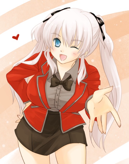 1girl ;d black_bow black_bowtie black_ribbon black_skirt blue_eyes bow bowtie breasts buttons collared_shirt dress_shirt fingernails grey_hair grey_shirt hair_between_eyes hair_ribbon hand_on_own_hip heart jacket koshikawa_guu large_breasts leaning_forward legs_apart long_hair long_sleeves looking_at_viewer mabinogi miniskirt nao_(mabinogi) one_eye_closed open_mouth outstretched_hand red_jacket ribbon shirt sidelocks skirt smile solo standing twintails