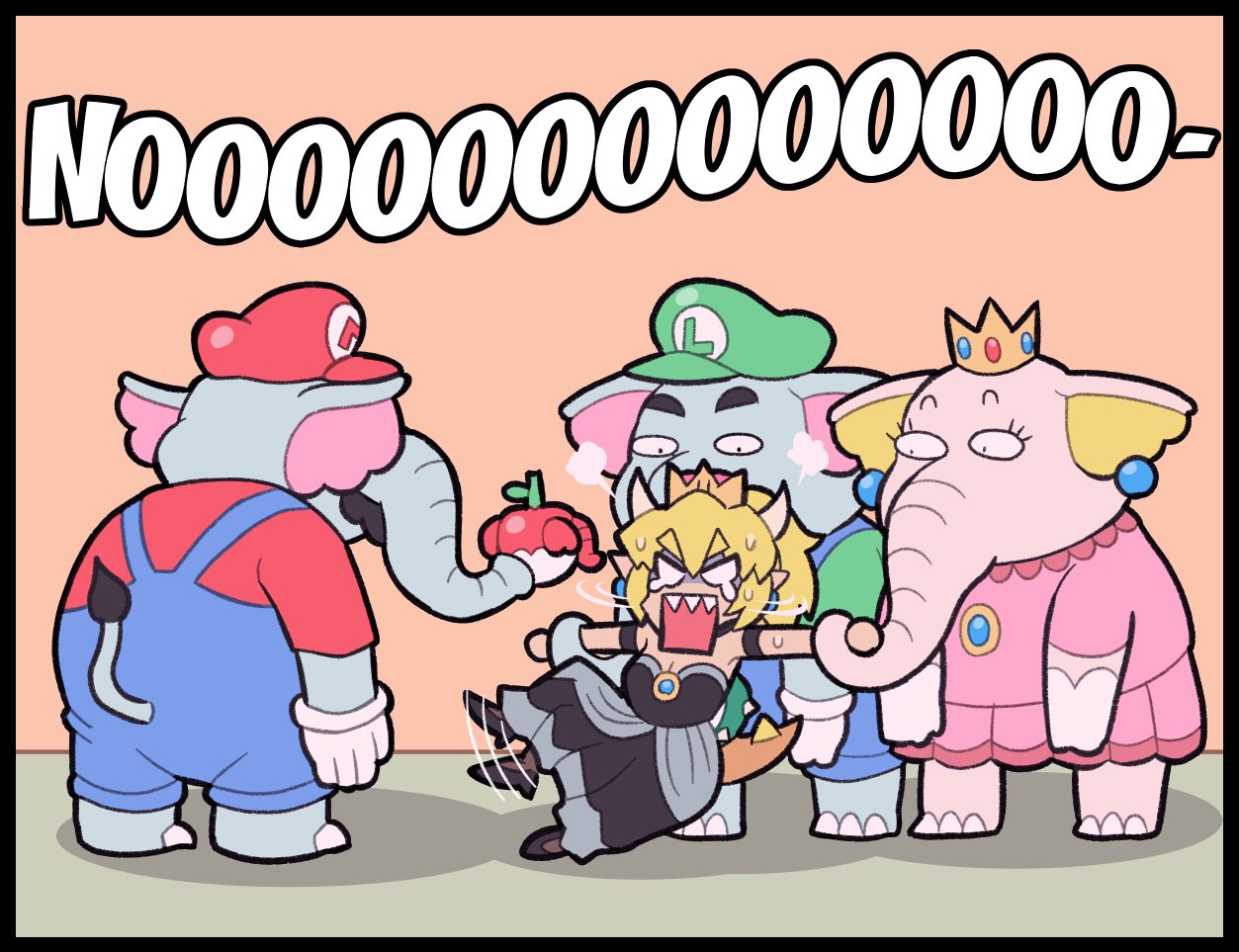 2boys 2girls apple armlet ayyk92 bare_shoulders barefoot black_dress blank_eyes blonde_hair blue_gemstone blue_overalls bowsette brooch cabbie_hat chibi colored_skin constricted_pupils crown dress earrings elephant_boy elephant_fruit elephant_luigi elephant_mario elephant_princess_peach facial_hair food forced frown fruit gem gloves green_headwear green_shirt grey_skin hair_between_eyes hat holding holding_another's_wrist holding_food holding_fruit jewelry letter_print multiple_boys multiple_girls mustache no off-shoulder_dress off_shoulder orange_background overalls pink_dress pink_skin ponytail red_apple red_headwear red_shirt restrained sharp_teeth shirt shouting sphere_earrings spiked_shell spiked_tail strapless strapless_dress super_crown super_mario_bros. super_mario_bros._wonder tail teeth thick_eyebrows turtle_shell waving_legs wavy_hair white_gloves