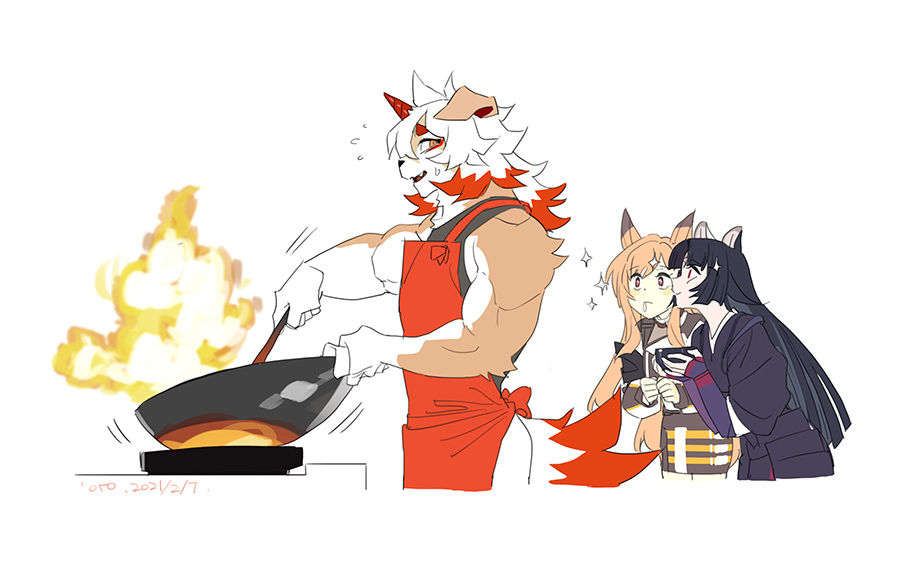 +_+ 1boy 2girls animal_ears apron arknights begging black_hair black_kimono blonde_hair blunt_ends bowl brown_jacket brown_skirt ceobe_(arknights) chinese_commentary colored_tips commentary_request cooking dated dog_boy dog_ears dog_girl dog_tail drooling eyeshadow fire furry furry_male holding holding_bowl horns hung_(arknights) jacket japanese_clothes kimono long_hair looking_at_another looking_up makeup multicolored_hair multiple_girls muscular muscular_male nervous open_mouth red_apron red_eyeshadow redhead saga_(arknights) signature simple_background single_horn skirt sparkle stove sweat tail white_background white_hair wok yu_yanshu
