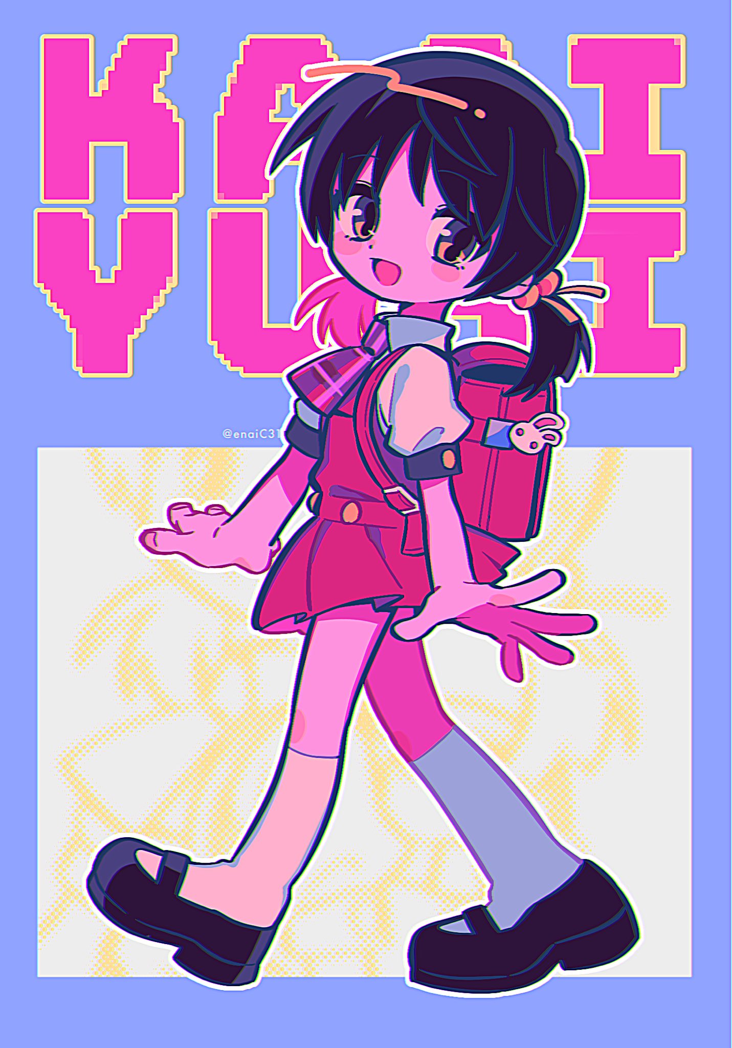 1girl backpack bag black_footwear black_hair blush_stickers brown_eyes character_name collared_shirt dress hair_bobbles hair_ornament halftone halftone_background highres kaai_yuki looking_at_viewer low_twintails mary_janes menma_(enaic31) neckerchief neon_palette pinafore_dress plaid_neckerchief pleated_skirt randoseru red_bag red_dress shirt shoes short_hair short_sleeves short_twintails skirt sleeveless sleeveless_dress smile socks solo twintails vocaloid walking white_shirt white_socks