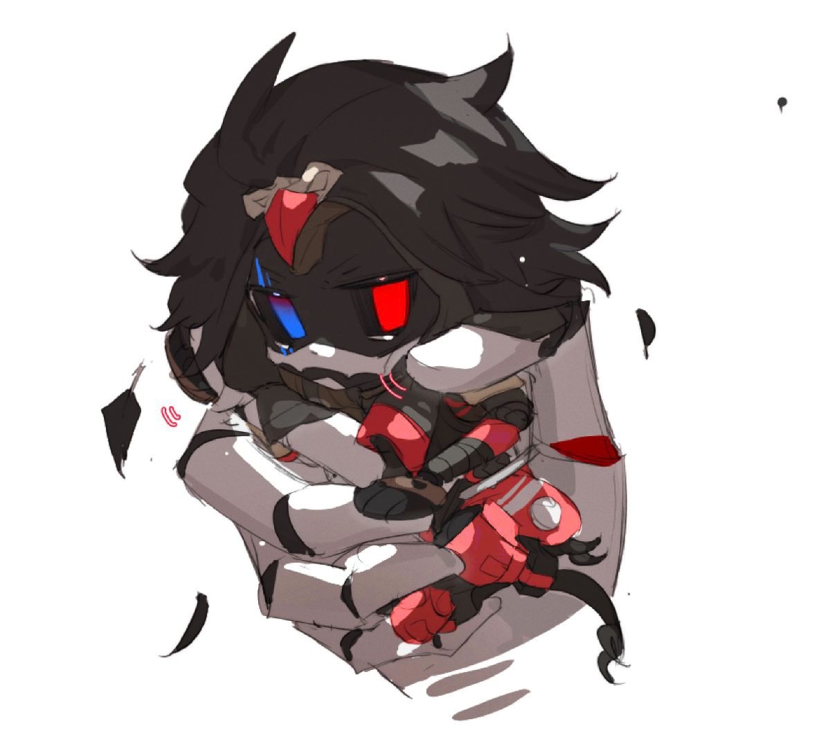 1boy 1girl android animification annoyed apex_legends ash_(titanfall_2) black_sclera blue_eyes colored_sclera feather_trim feathers heterochromia holding hood hood_up in_palm looking_to_the_side mercenary_mystique_ash mini_person minigirl red_eyes revenant_(apex_legends) ruu47 simple_background simulacrum_(titanfall) solo_focus v-shaped_eyebrows white_background