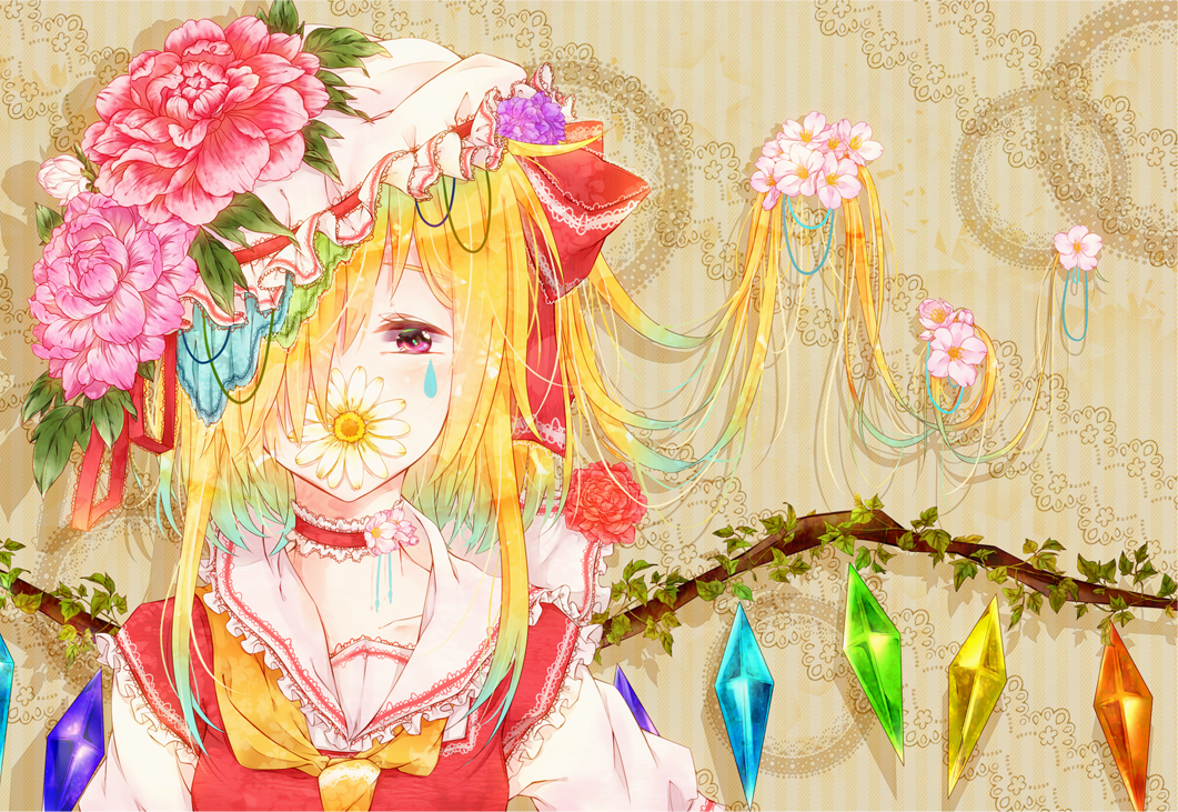 1girl adapted_costume ayaaka_(yasaki) breasts brown_background collarbone crystal flandre_scarlet flower frilled_shirt_collar frills hair_over_one_eye hat hat_flower hat_ribbon leaf long_hair looking_at_viewer mob_cap multicolored_wings neckerchief one_side_up pink_flower puffy_short_sleeves puffy_sleeves red_eyes red_flower red_ribbon red_vest ribbon sailor_collar shirt short_sleeves small_breasts solo striped striped_background teardrop_facial_mark touhou upper_body vertical_stripes vest white_headwear white_sailor_collar white_shirt wings yellow_flower yellow_neckerchief