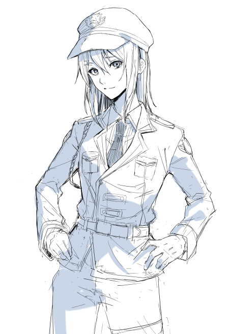 1girl bang_dream! belt closed_mouth collared_shirt commentary_request cowboy_shot hair_between_eyes hair_ornament hairclip hands_on_own_hips hat lineart long_sleeves looking_at_viewer medium_hair military_hat military_uniform monochrome necktie okusawa_misaki sen'yuu_yuuji shirt sidelocks simple_background solo uniform white_background