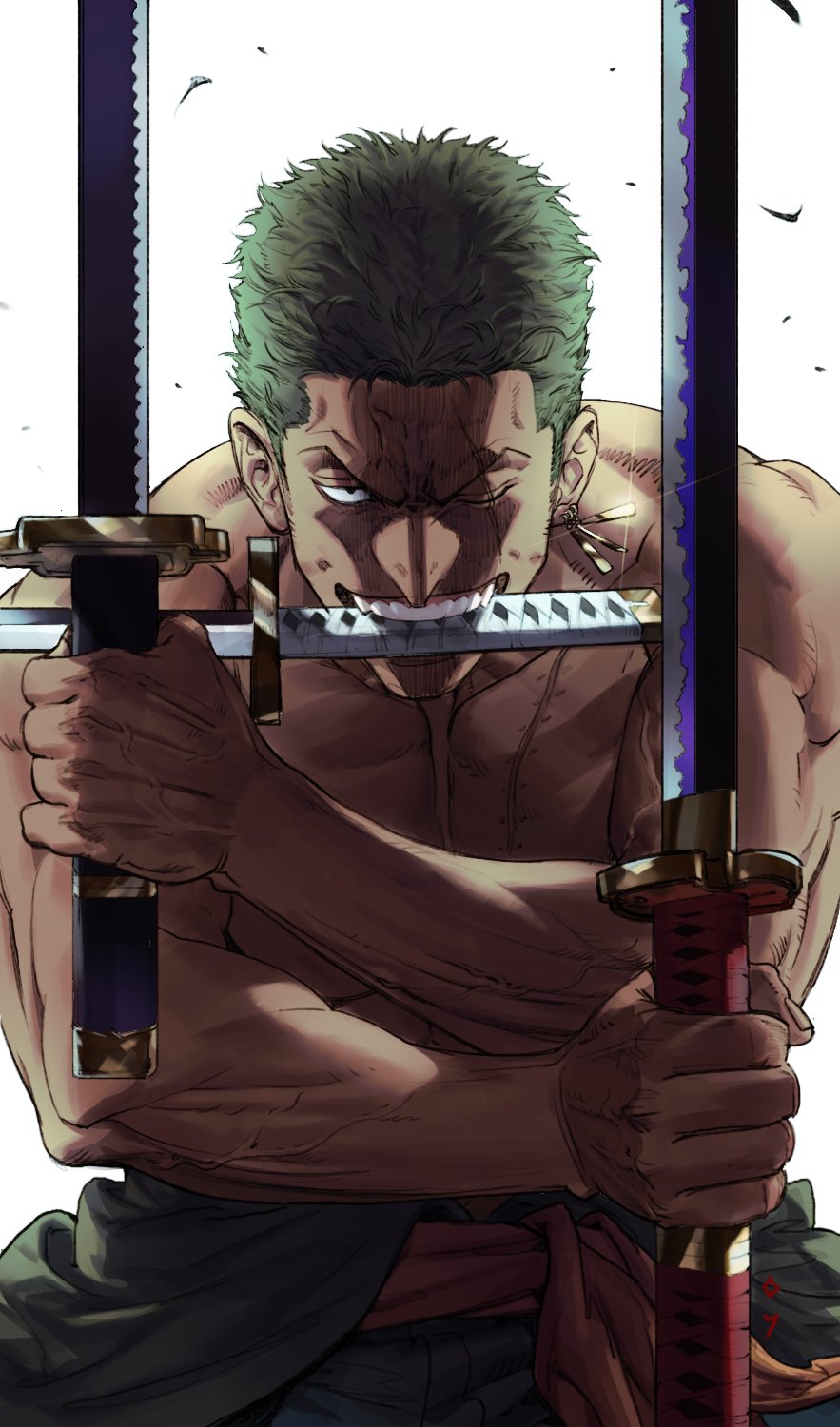 1boy an_kyoung clothes_down cowboy_shot earrings fighting_stance glint green_hair grin highres holding jewelry katana looking_at_viewer male_focus muscular muscular_male one_piece pectorals roronoa_zoro scar scar_across_eye serious short_hair single_earring smile solo sword topless_male triple_wielding veiny_face weapon