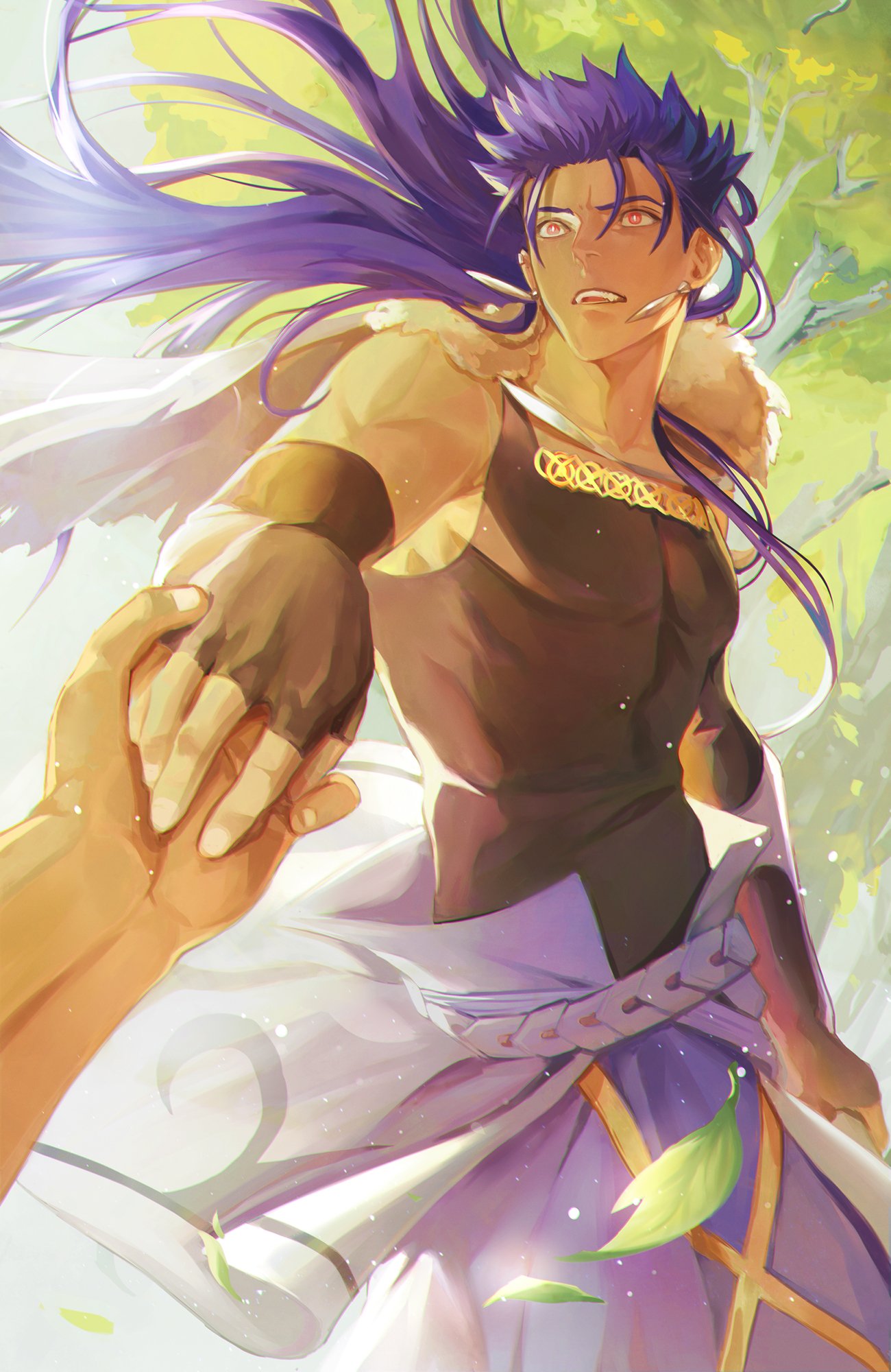 2boys black_gloves cu_chulainn_(caster)_(fate) cu_chulainn_(fate) earrings elbow_gloves fate/grand_order fate_(series) fingerless_gloves gloves gravesecrets highres holding_hands jewelry large_pectorals leaf light_particles long_hair looking_ahead male_focus mature_male multiple_boys open_mouth pectorals pov purple_hair red_eyes shirt sidelighting skin_tight sleeveless sleeveless_shirt standing teeth toned toned_male tree upper_teeth_only