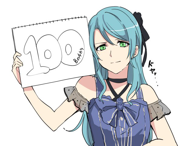 1girl aqua_hair bang_dream! bare_shoulders black_ribbon blue_bow blue_bowtie blue_dress bow bowtie closed_mouth commentary_request detached_sleeves dress green_eyes hair_between_eyes hair_ribbon hikawa_sayo holding holding_sign idol idol_clothes long_hair looking_at_viewer ribbon see-through see-through_sleeves sen'yuu_yuuji sidelocks sign simple_background sleeveless sleeveless_dress solo translation_request upper_body white_background