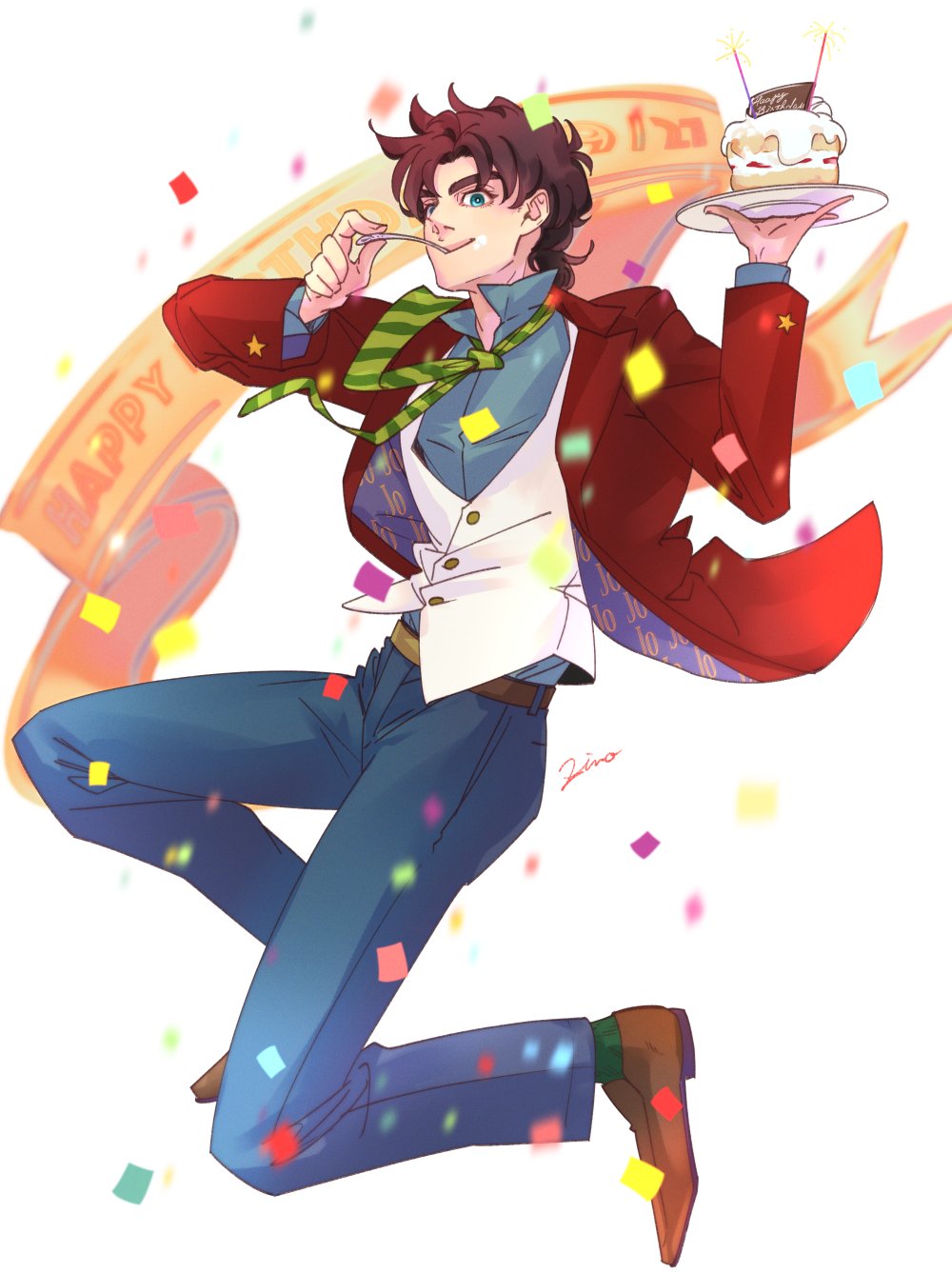 1boy alternate_costume artist_name banner battle_tendency belt birthday birthday_cake blue_eyes blue_pants brown_footwear brown_hair cake collared_shirt commentary_request confetti eating fireworks food food_on_face full_body green_necktie green_socks happy_birthday highres holding holding_cake holding_food jacket jojo_no_kimyou_na_bouken joseph_joestar joseph_joestar_(young) jumping looking_at_viewer male_focus necktie pants red_jacket shirt short_hair signature simple_background smile socks solo sparkler striped_necktie suit_jacket two-sided_fabric two-sided_jacket utensil_in_mouth waistcoat white_background zino