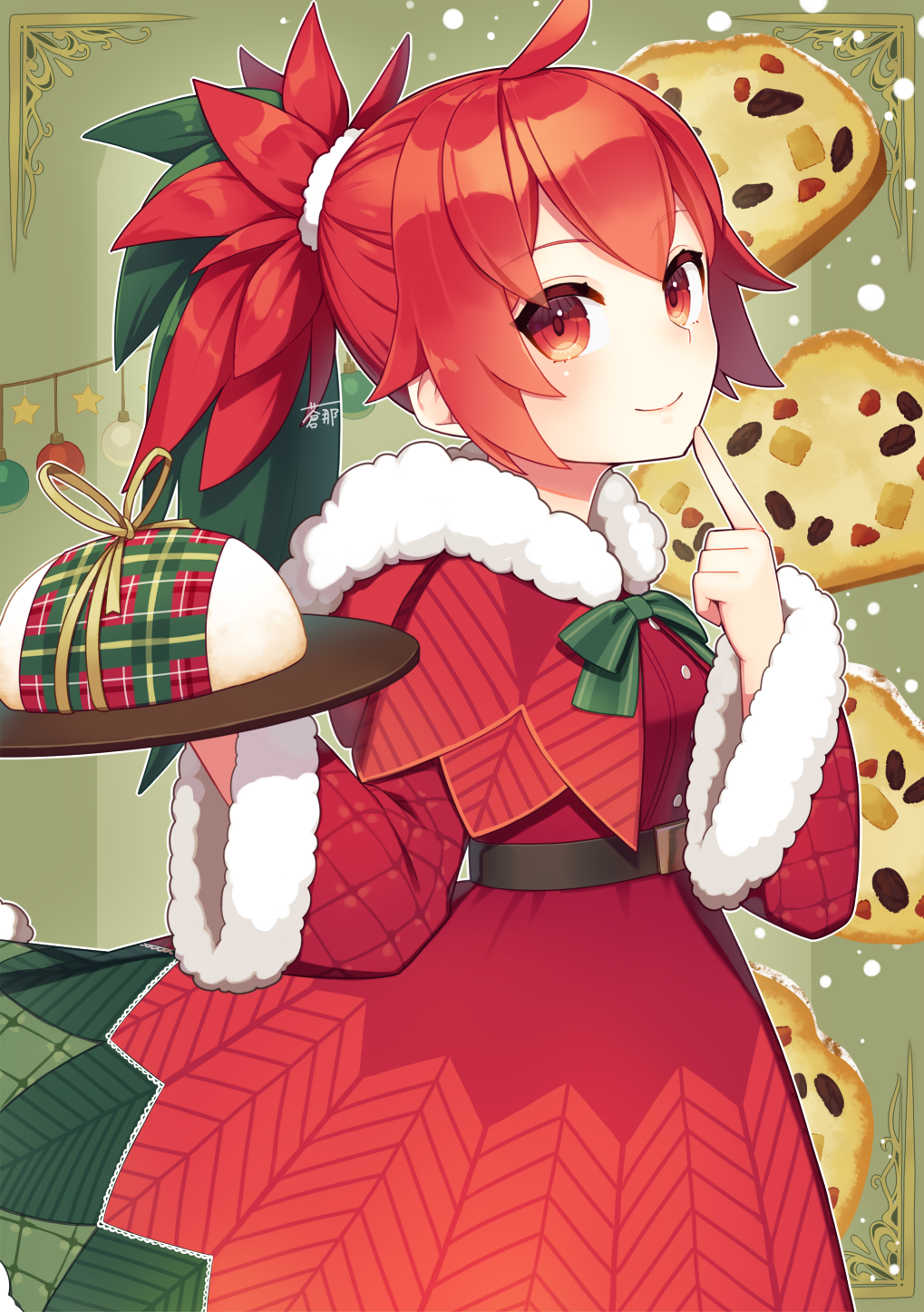 1girl aona_(noraneko) belt black_belt bow bowtie capelet christmas christmas_lights cowboy_shot double-parted_bangs dress finger_to_own_chin flower flower-shaped_hair food-themed_background fur-trimmed_capelet fur-trimmed_dress fur-trimmed_sleeves fur_trim green_background green_bow green_bowtie green_hair highres holding holding_plate looking_at_viewer multicolored_hair original personification plate poinsettia ponytail red_capelet red_eyes redhead smile solo stollen two-tone_hair