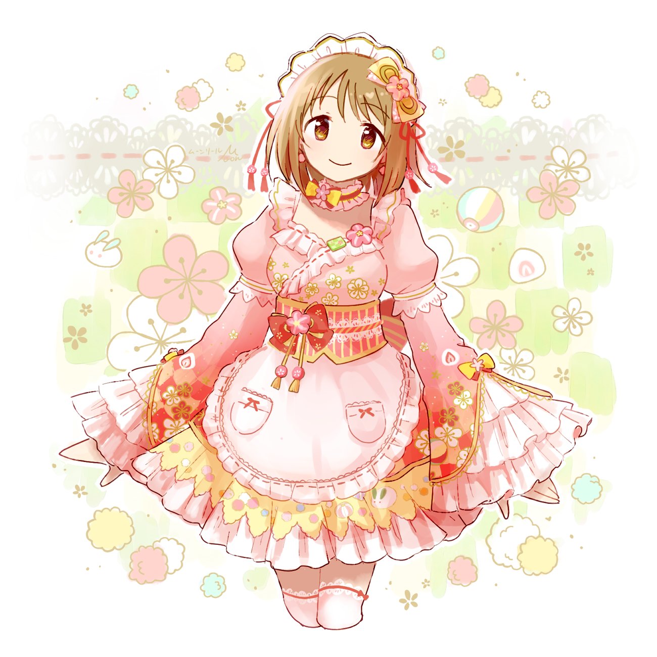 1girl apron blush bow breasts brown_eyes brown_hair candy checkered_background choker closed_mouth collar commentary cowboy_shot cropped_legs daifuku detached_collar dotted_line dress dress_bow earrings floral_background flower food food_print frilled_apron frilled_dress frills fruit hair_bow hair_flower hair_ornament hair_ribbon highres ichigo_daifuku idolmaster idolmaster_cinderella_girls idolmaster_cinderella_girls_starlight_stage jewelry konpeitou large_breasts long_sleeves looking_at_viewer mimura_kanako munriru no_nose open_hands paper_balloon pink_collar pink_dress pink_ribbon plum_blossom_print plump print_dress puffy_long_sleeves puffy_sleeves red_bow ribbon ribbon-trimmed_thighhighs ribbon_choker short_hair signature smile solo standing strawberry thigh-highs wagashi white_apron white_headdress white_thighhighs wide_sleeves yellow_ribbon zettai_ryouiki