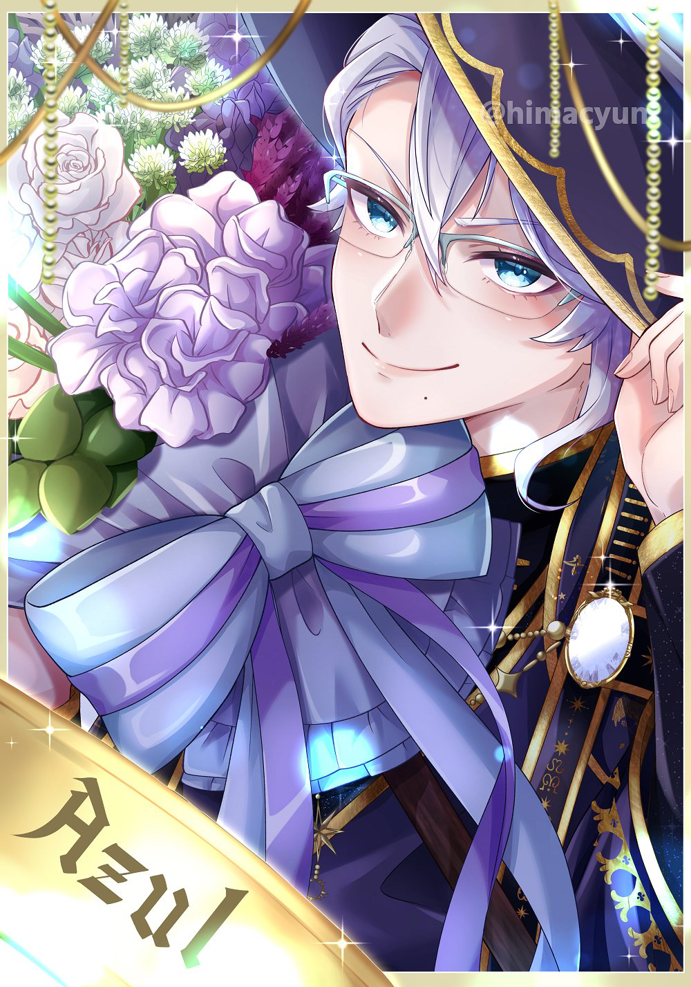1boy azul_ashengrotto bishounen blue_bow blue_eyes border bow character_name closed_mouth eyelashes fingernails flower flower_request glasses highres jewelry long_sleeves looking_at_viewer male_focus mole mole_under_mouth night_raven_college_uniform pendant purple_flower purple_hair semi-rimless_eyewear short_hair smile solo twisted_wonderland twitter_username white_border white_flower white_hair yume_kawa_yume
