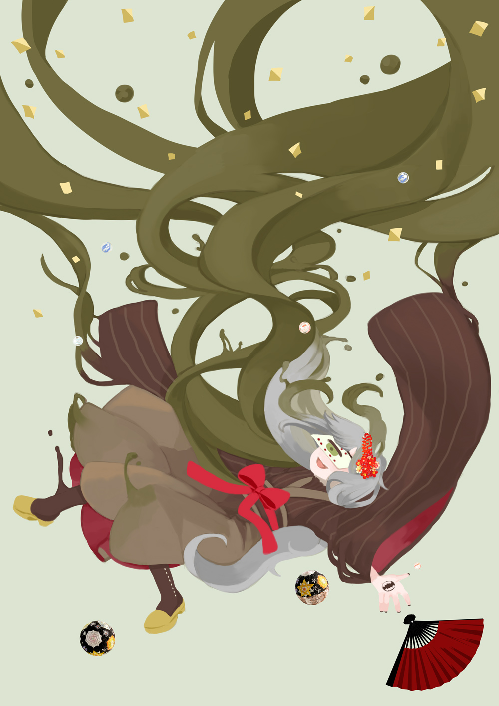 1girl ball black_nails boots bow brown_footwear brown_kimono brown_skirt commentary_request confetti covered_eyes falling flower full_body furisode grey_background grey_hair hair_flower hair_ornament hakama hakama_skirt hand_fan hand_mouth highres horns japanese_clothes kimono kuzuda_yone long_hair makayaki_(rikka705) obi one-eyed open_mouth outstretched_arms pinstripe_kimono red_bow red_flower sash simple_background single_horn skirt smile solo spread_arms temari_ball tendril utau very_long_hair waist_bow wide_sleeves