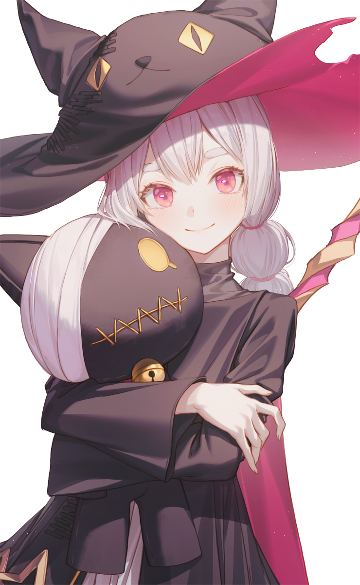 1girl animal_hat bandages black_robe cat_hat doll hat hiera12 highres holding holding_doll looking_at_viewer original pink_eyes robe smile solo stitched_mouth stitches upper_body white_background witch witch_hat