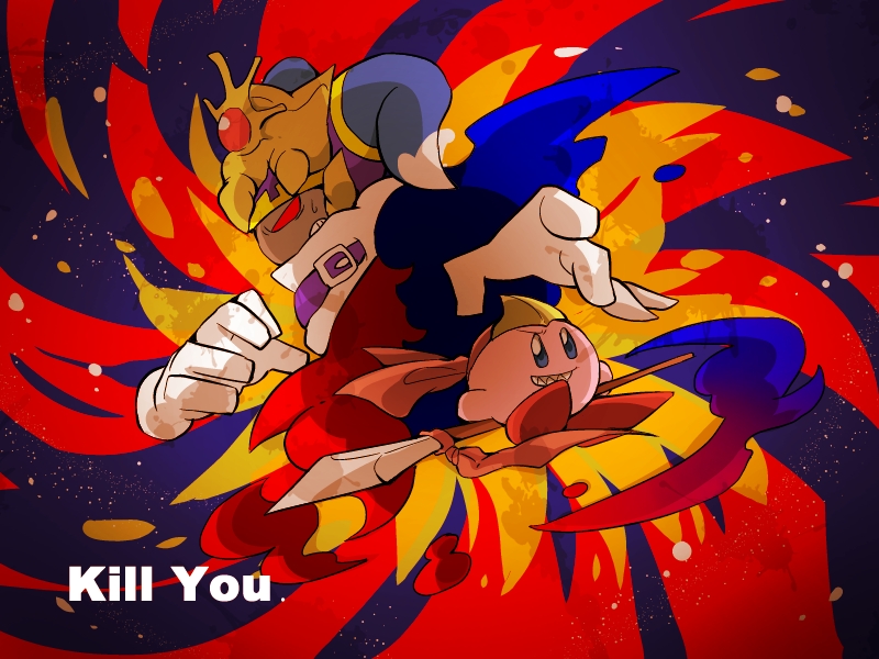 2boys belt belt_buckle blue_eyes blue_horns buckle cape clenched_teeth colored_skin commentary_request disembodied_limb english_text fire forehead_protector ghost_tail gloves holding holding_polearm holding_weapon horns kirby kirby_(series) magolor master_crown multiple_boys no_humans open_mouth pink_skin pointy_footwear polearm purple_belt red_cape red_eyes red_footwear red_headwear scarf sharp_teeth shirushiki shoes single_blush_sticker smile space spear spear_kirby star_(sky) sweatdrop teeth v-shaped_eyebrows v-shaped_eyes weapon white_gloves white_scarf yellow_headwear