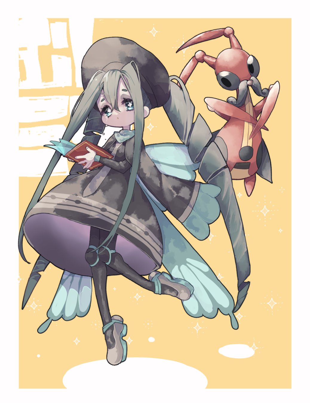 1girl :o beret black_cape black_headwear black_pantyhose blue_cape blue_eyes book border bright_pupils brown_necktie bug_miku_(project_voltage) butterfly_wings cape character_name commentary_request cross-shaped_pupils crying crying_with_eyes_open drill_hair expressionless fake_wings floating foot_up full_body grey_hair hair_through_headwear hat hatsune_miku highres holding holding_book knee_pads kricketune long_hair long_sleeves looking_at_viewer necktie open_book pantyhose parted_lips phenomenalzombe pokemon pokemon_(creature) project_voltage shoes short_eyebrows sidelocks solo sparkle_background symbol-shaped_pupils tareme tears translation_request twin_drills two-tone_cape very_long_hair vocaloid white_border white_pupils wings yellow_background