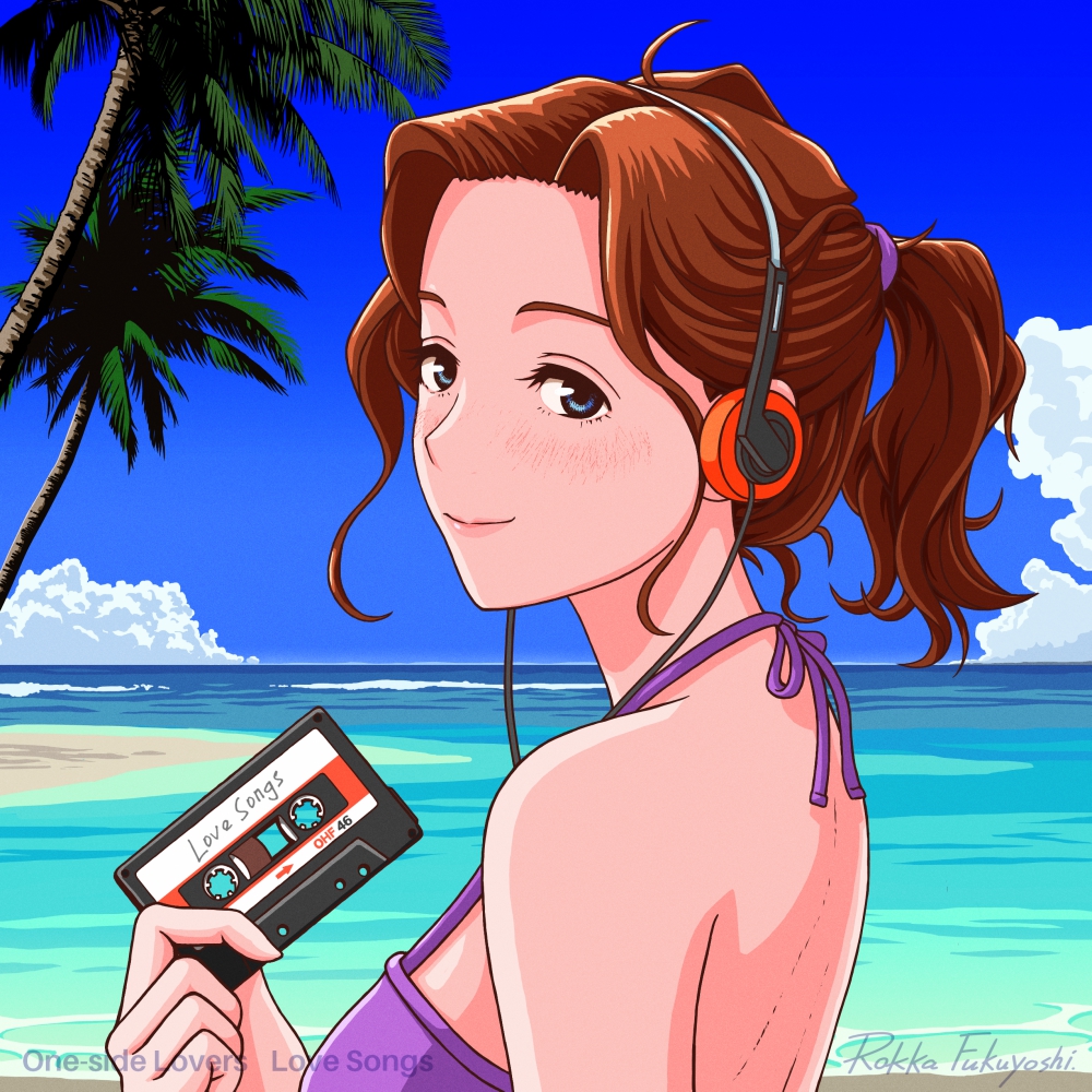 1girl artist_name bare_back bikini blue_eyes brown_hair cassette_tape clouds cloudy_sky english_text from_side fukuyoshi_rokka headphones looking_to_the_side ocean original outdoors palm_tree ponytail purple_bikini shore signature sky solo swimsuit tree upper_body water