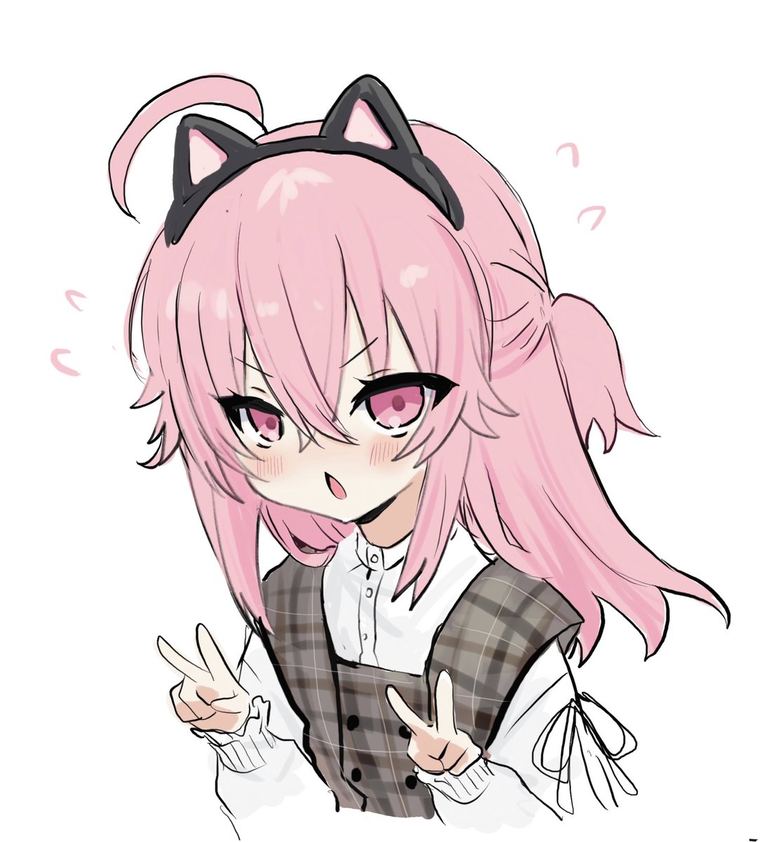 1girl ahoge animal_ears black_hairband blush brown_dress cat_ears cat_girl chestnut_mouth double_v dress fake_animal_ears flying_sweatdrops hair_between_eyes hairband hands_up highres long_hair long_sleeves looking_at_viewer one_side_up original parted_lips pink_eyes pink_hair plaid plaid_dress puffy_long_sleeves puffy_sleeves shiodome_oji shirt simple_background sleeves_past_wrists solo v white_background white_shirt