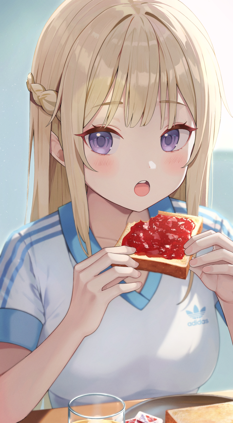 1girl adidas blonde_hair blush braid cup ears_visible_through_hair eating food glass highres holding holding_food jam looking_at_viewer open_mouth original shirt side_braid solo t-shirt teeth toast upper_body upper_teeth_only violet_eyes yeolyeo